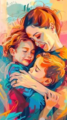 Depict a high-angle perspective of a mother embracing her children in a vector art style, using bold lines and bright, cheerful colors to evoke a sense of warmth and familial love