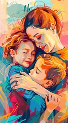 Depict a high-angle perspective of a mother embracing her children in a vector art style, using bold lines and bright, cheerful colors to evoke a sense of warmth and familial love