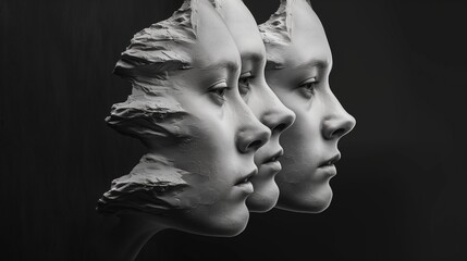 Abstract Sculpture of a Woman's Head, Surreal Statue, Black Background