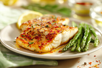 tasty and healthy baked fish with asparagus, ketogenic fitness food with a lot of unsaturated fats, omega 3