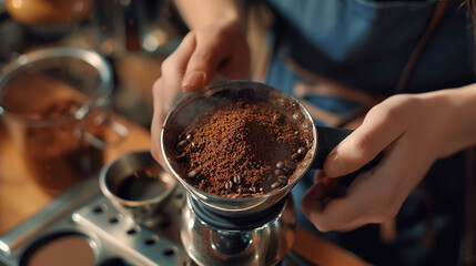 Female barista makes ground coffee in a portafilter with a tamper at a coffee shop.