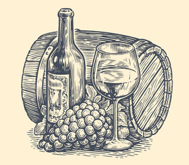 Hand drawn bottle and glass of wine. Winery sketch. Winemaking vintage vector illustration