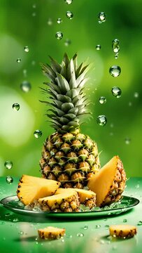 juicy pineapple under a stream of fresh water with lots of waterdrops against a green blurred background, slow motion zoom, fresh vertical food video.