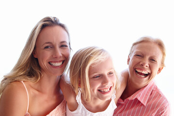 Mom, daughter and grandmother in portrait with smile for bonding with laughing, child development...