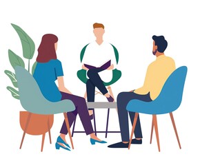 Minimalist Vector Illustration: Couple Attending Marriage Counseling Session at Medical Clinic with Counselor