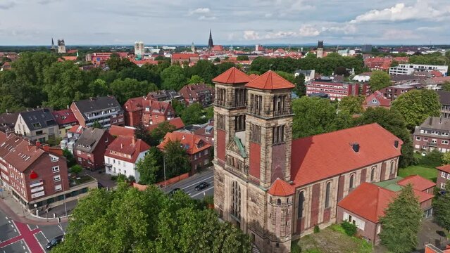 Aerial drone view of St. Antonius church in M&uuml;nster , Germany . 
