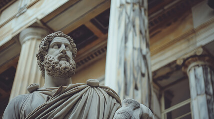 Classical marble statue of a bearded figure, in traditional toga attire, set against a backdrop of Corinthian columns.