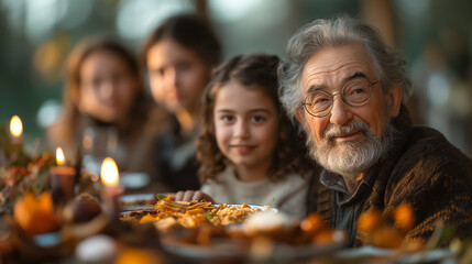 Fototapeta premium 5. Generations United: With reverence and joy, a Rabbi leads a multigenerational Passover celebration, uniting young and old in a shared expression of faith. Families gather around