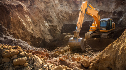 Excavator operates within a vast pit, moving earth in a construction or mining site surrounded by rocky terrain. - obrazy, fototapety, plakaty