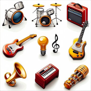 An assortment of isometric 3D icons representing various musical instruments, including keyboards, guitars, and wind instruments..