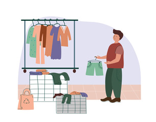 A young man buys clothes at a flea market or a second-hand store. A girl is shopping at a sale.The concept of sustainable fashion.A cheap garage sale, a second-hand store. Flat vector 