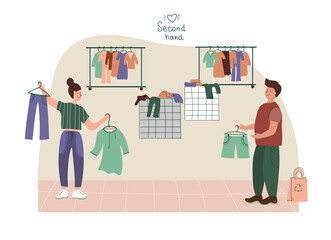 Man and woman customer buying clothes.  Couple shopping in flea market or second hand shop. Eco sustainable fashion concept