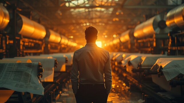 Wide shot, businessman with certificate, hightech production line, dawn light, industry excellence
