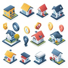 A set of detailed 3D isometric property icons depicting various residential and commercial real estate in a charming flat style..