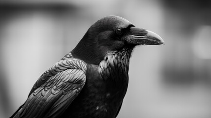 Fototapeta premium Detailed black raven's profile with its glossy feathers, set against a blurred background.