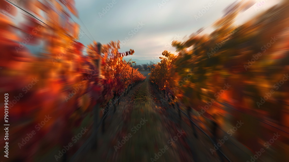 Poster mesmerizing blurred vista of an autumn setting in the vineyard with ripe grapes and vines. afternoon