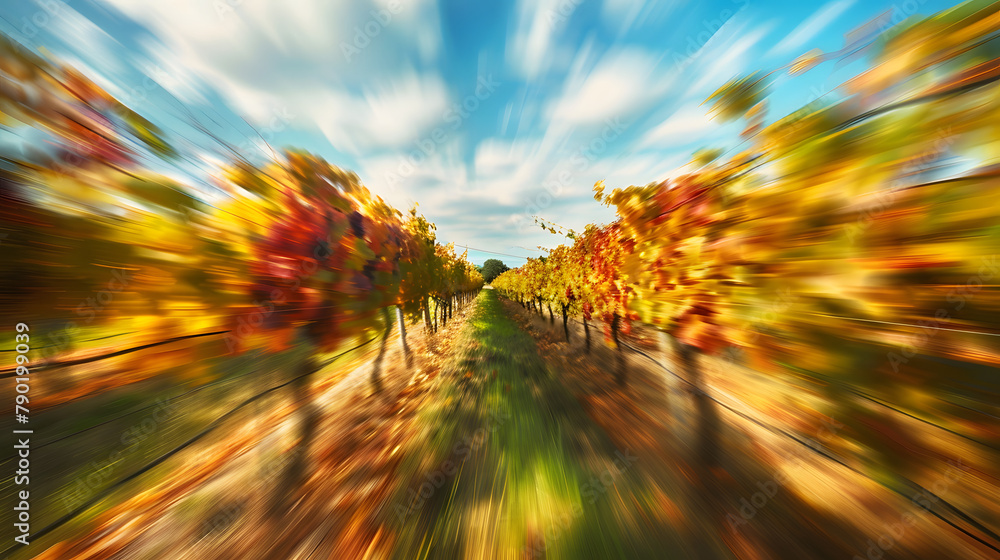Poster mesmerizing blurred vista of an autumn setting in the vineyard with ripe grapes and vines. afternoon
