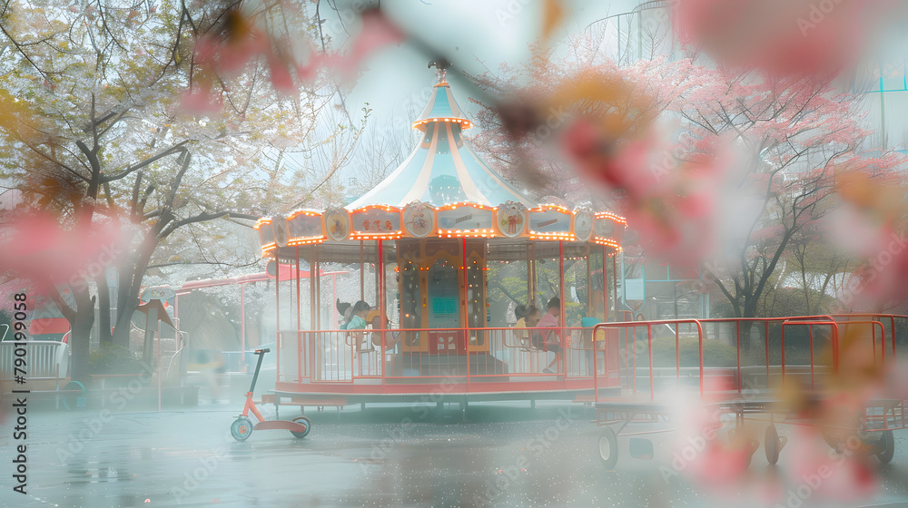Poster misty image of a tot’s playground with a merry-go-round and play instruments in the nucleus on a sum