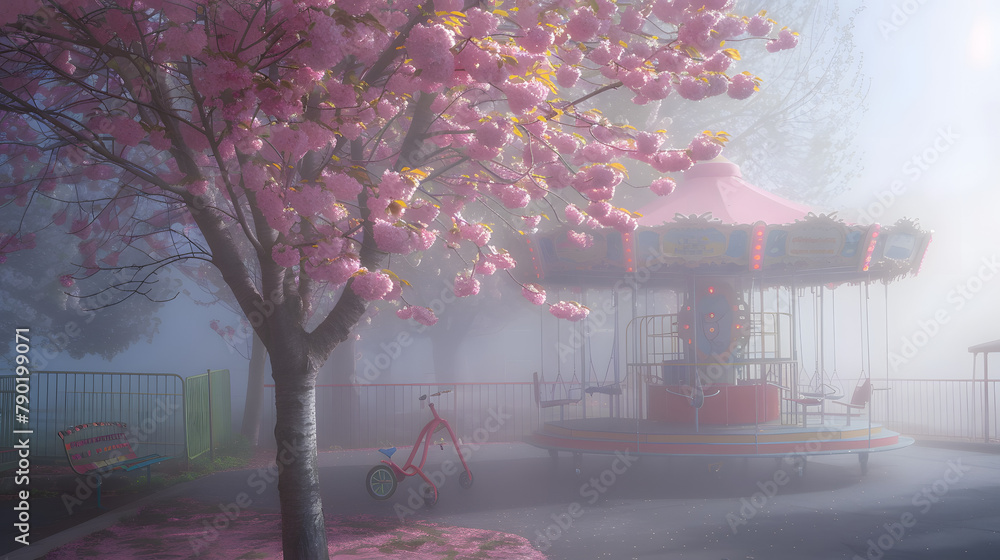 Poster misty image of a tot’s playground with a merry-go-round and play instruments in the nucleus on a sum