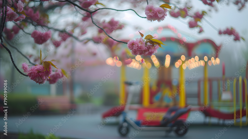 Poster misty image of a tot’s playground with a merry-go-round and play instruments in the nucleus on a sum