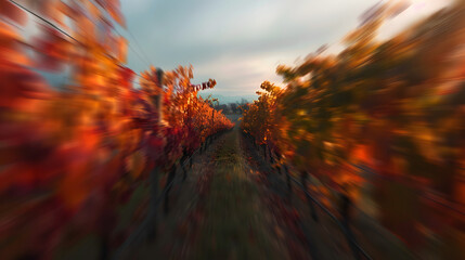 Mesmerizing blurred vista of an autumn setting in the vineyard with ripe grapes and vines. afternoon sky. Centered focus for peak sharpness. No blur in the focused area. Blurred perimeters - obrazy, fototapety, plakaty