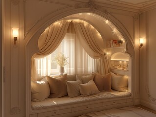 A cozy bedroom with a window and a bed with pillows. The bed is surrounded by curtains and a bench