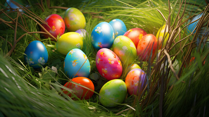 Fototapeta na wymiar Decorative easter egg on the basket, various color of creative colorful festive eggs for spring festival on grass field