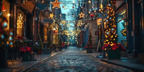 Poster Festive city street with Christmas decorations and garlanded trees on narrow road during holiday season © SHOTPRIME STUDIO