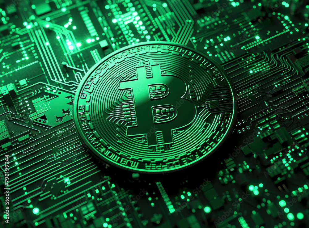 Aufkleber digital currency symbolizing bitcoin displayed on illuminated circuit board with green lights, 3d il