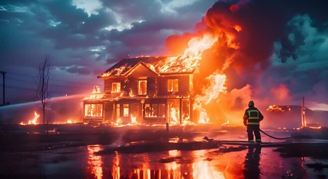 Fireman extinguish fire with the house, Burning house fire drill