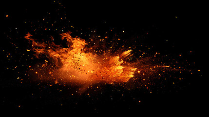 Fototapeta na wymiar Orange flame burst isolated on black background. fiery blaze with sparks and embers in the air. Fire concept for design banner