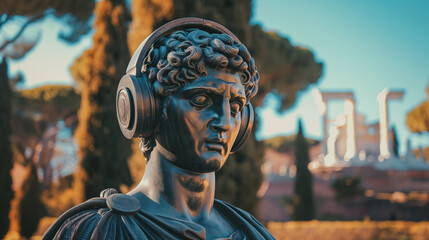 Obraz premium Classic bronze statue is whimsically adorned with modern headphones, juxtaposing ancient art with contemporary culture.