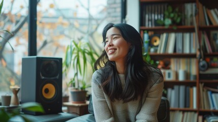 Woman enjoying hi fi music with modern audio speaker system in living room