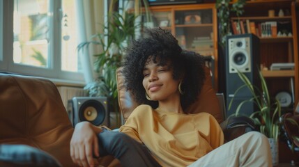 Woman enjoying hi fi music with modern audio speaker system in living room