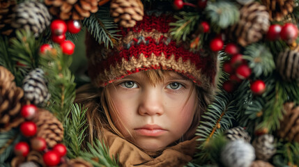 Child's innocent gaze peering through a circular holiday wreath adorned with pine cones and red berries.