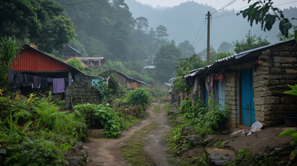 Misty pathway winding through a rustic village with traditional stone houses and lush greenery.