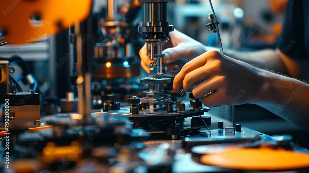 Aufkleber hands assembling intricate mechanical device with precision tools and components