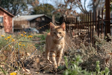 Un gato naranja caminando entre la hierba en un vecindario con  casas y cercas viejas.  Gatito callejero