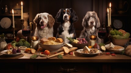 Group of dogs with various food on the table