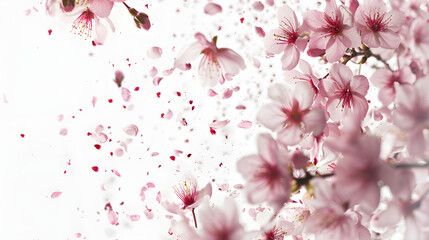 Pink cherry blossom rain isolated on white background. sakura petals falling with flowers and buds in the air. Spring concept for design banner