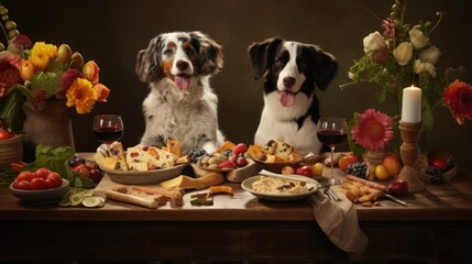 Group of dogs with various food on the table