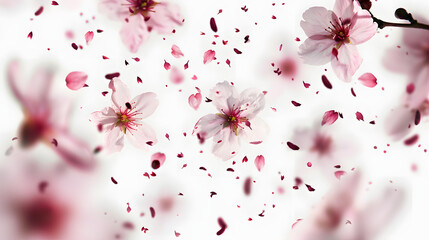 Pink cherry blossom rain isolated on white background. sakura petals falling with flowers and buds in the air. Spring concept for design banner - obrazy, fototapety, plakaty