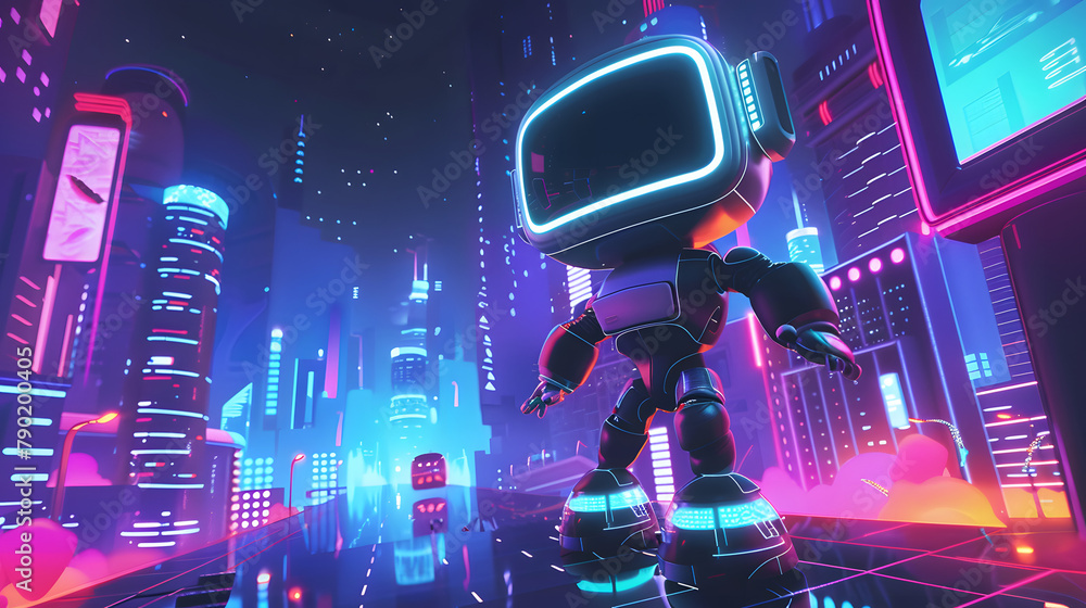 Aufkleber robot with a visor and a jetpack. standing on a futuristic cityscape