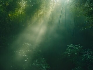 A forest with a lot of trees and a lot of sunlight. The sunlight is shining through the trees, creating a beautiful and serene atmosphere. The forest is lush and green, with a variety of trees