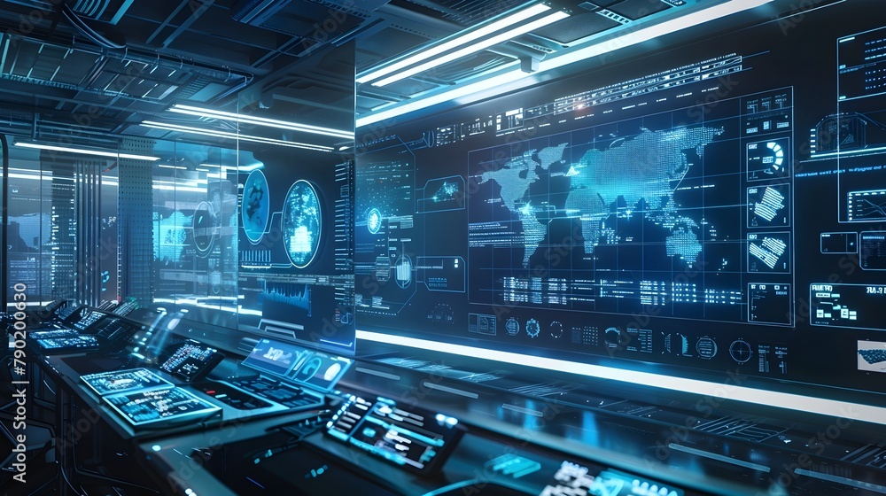 Poster futuristic research laboratory with sleek interfaces and holographic data analysis displays