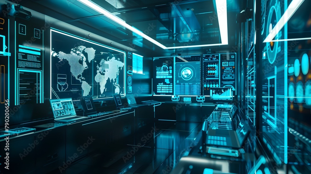 Poster cutting-edge futuristic research lab with sleek digital interfaces and holographic data analysis