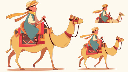 Arab boy riding camel 2d flat cartoon vactor illust