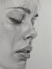 Monochrome Sketch: Side-On Portrait of Young Woman Crying, Pencil Drawing 

