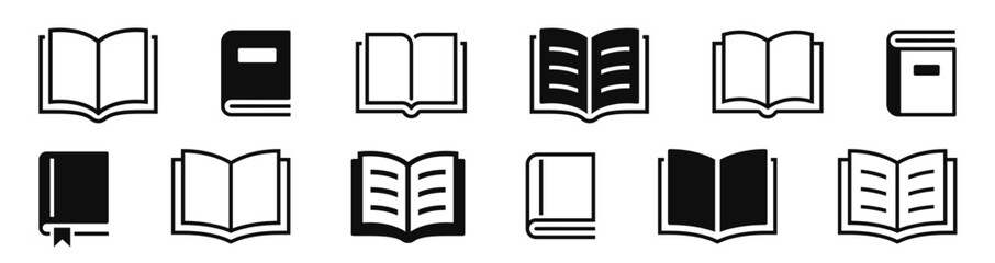 Book icon set. Opened book, library, education, novel, paper, scripture. Simple linear and flat style - stock vector.