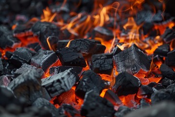 Close-up of hot coals and vivid flames